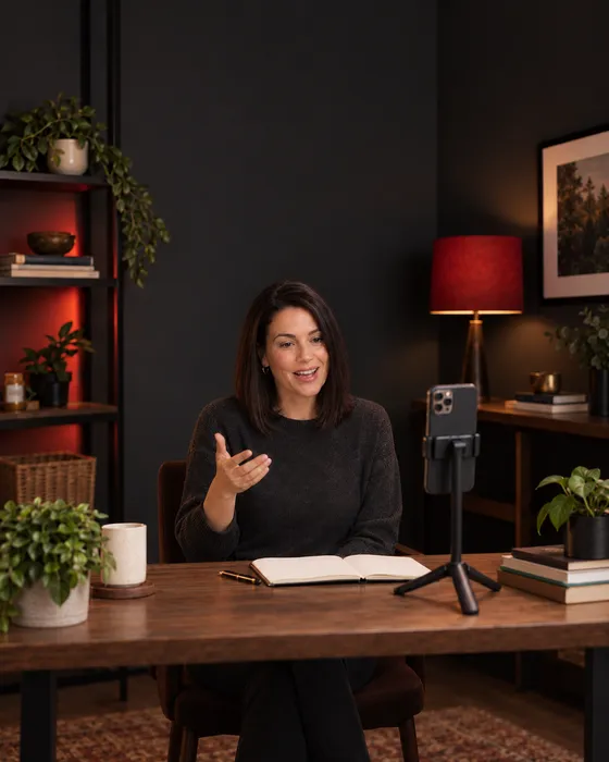 A coach recording a short teaching video at a desk with an open notebook and a phone on a stand