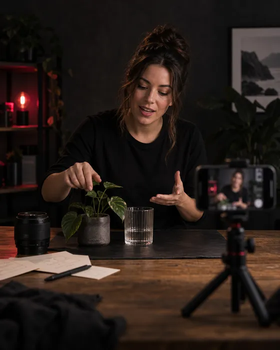 A creator filming a tabletop photography lesson with a smartphone on a tripod in a dark studio with red accents