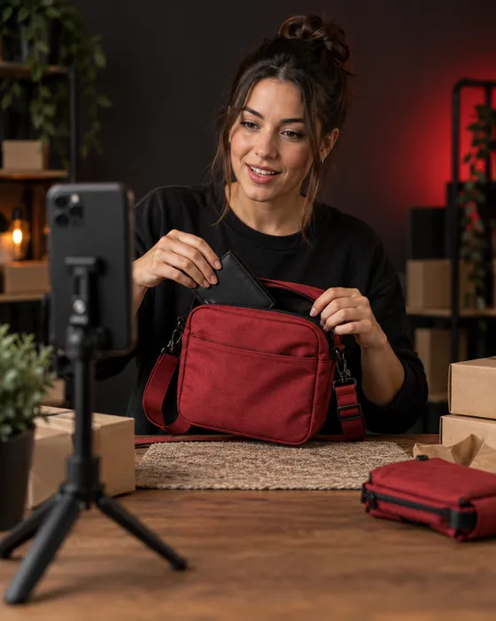 An online shop owner filming a red crossbody bag demonstration with a phone beside shipping boxes