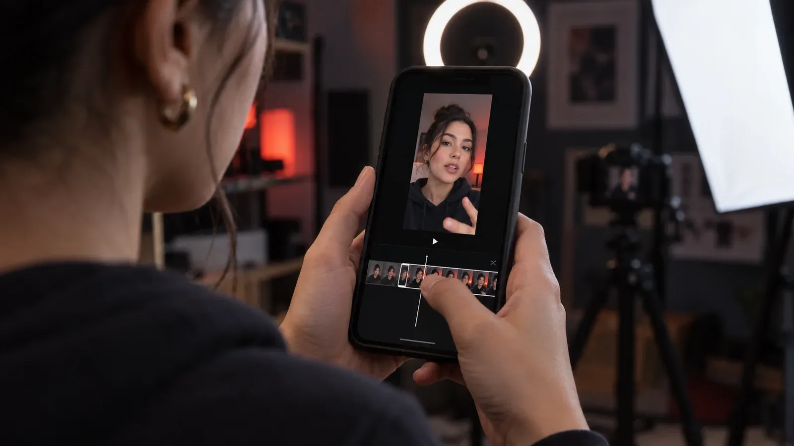 A creator trimming the opening of a vertical video on a phone in a recording studio