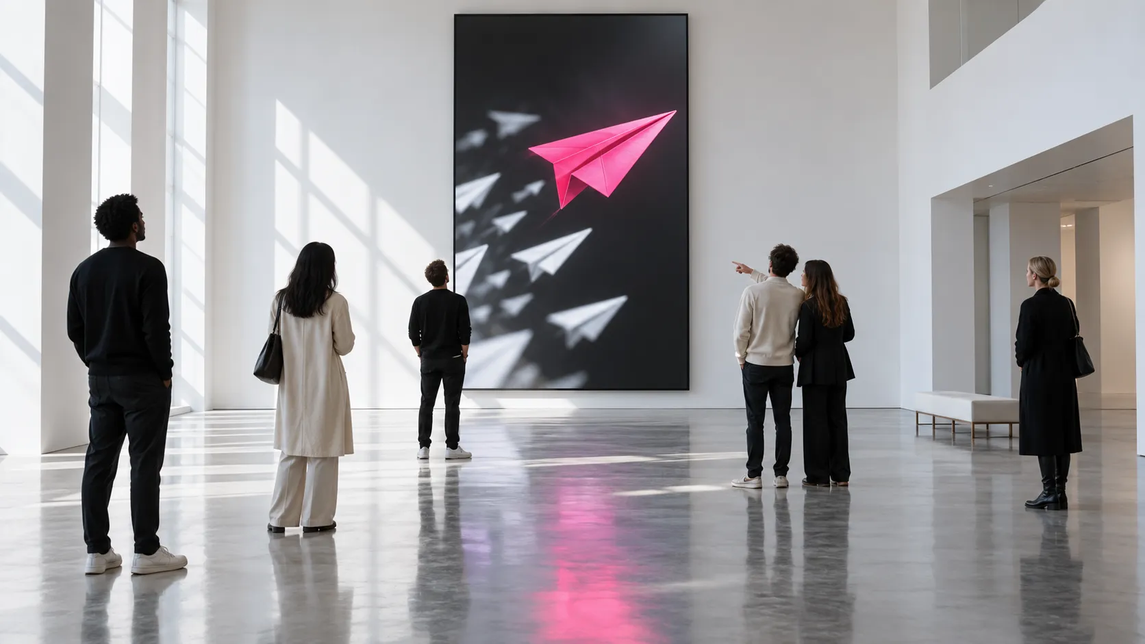Visitors watch a tall video of a pink paper airplane flying ahead of white paper airplanes in a bright gallery