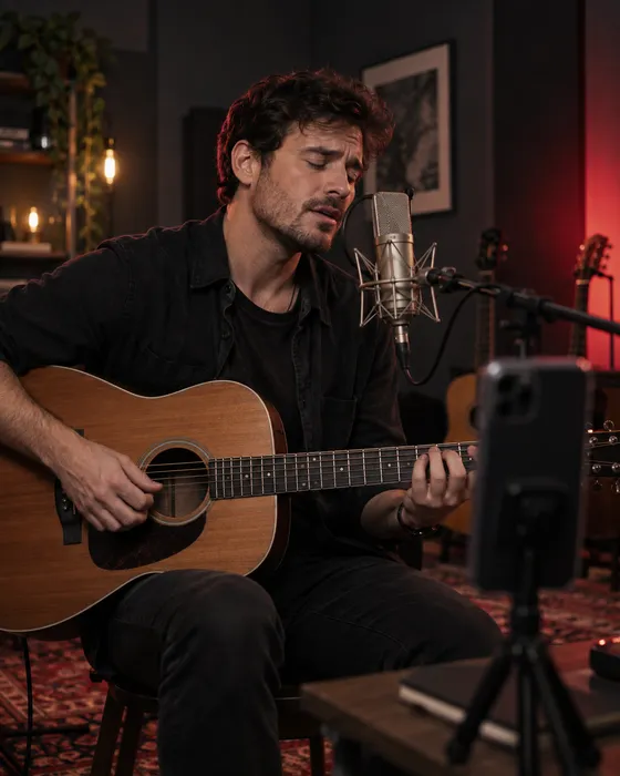 A musician sings and plays acoustic guitar at a microphone while a phone films in the foreground of a dark studio with red lighting