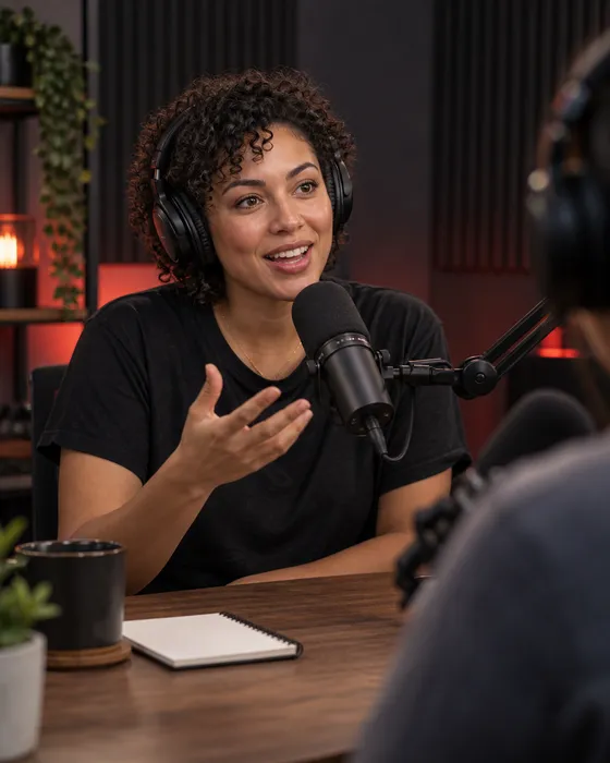 A podcast host wearing headphones and speaking into a microphone in a dark recording studio with red lighting