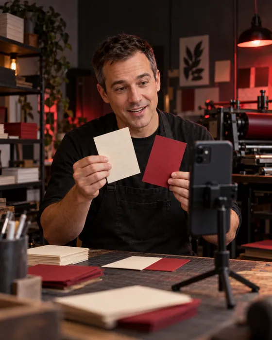 A small print studio owner showing paper samples to a phone camera at his workbench