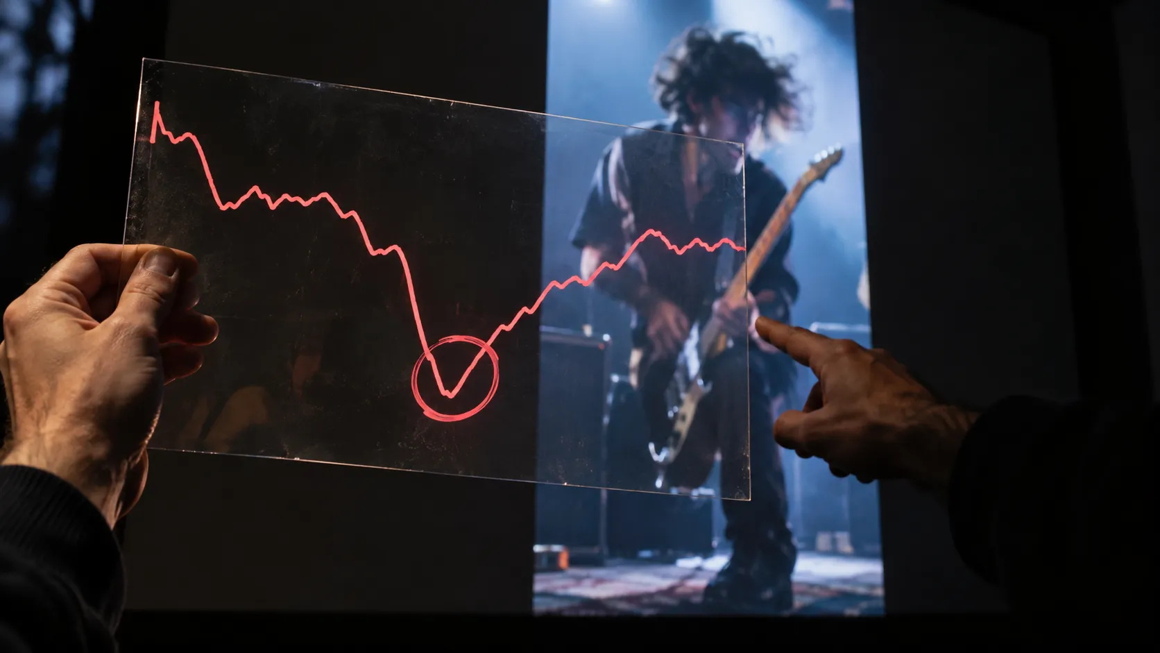 Hands compare a coral viewer attention curve with a projected musician performance in a dark screening room