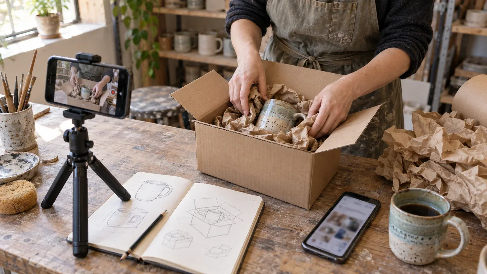 A ceramic maker filming a mug packing tutorial beside a notebook of video ideas and a phone used for research