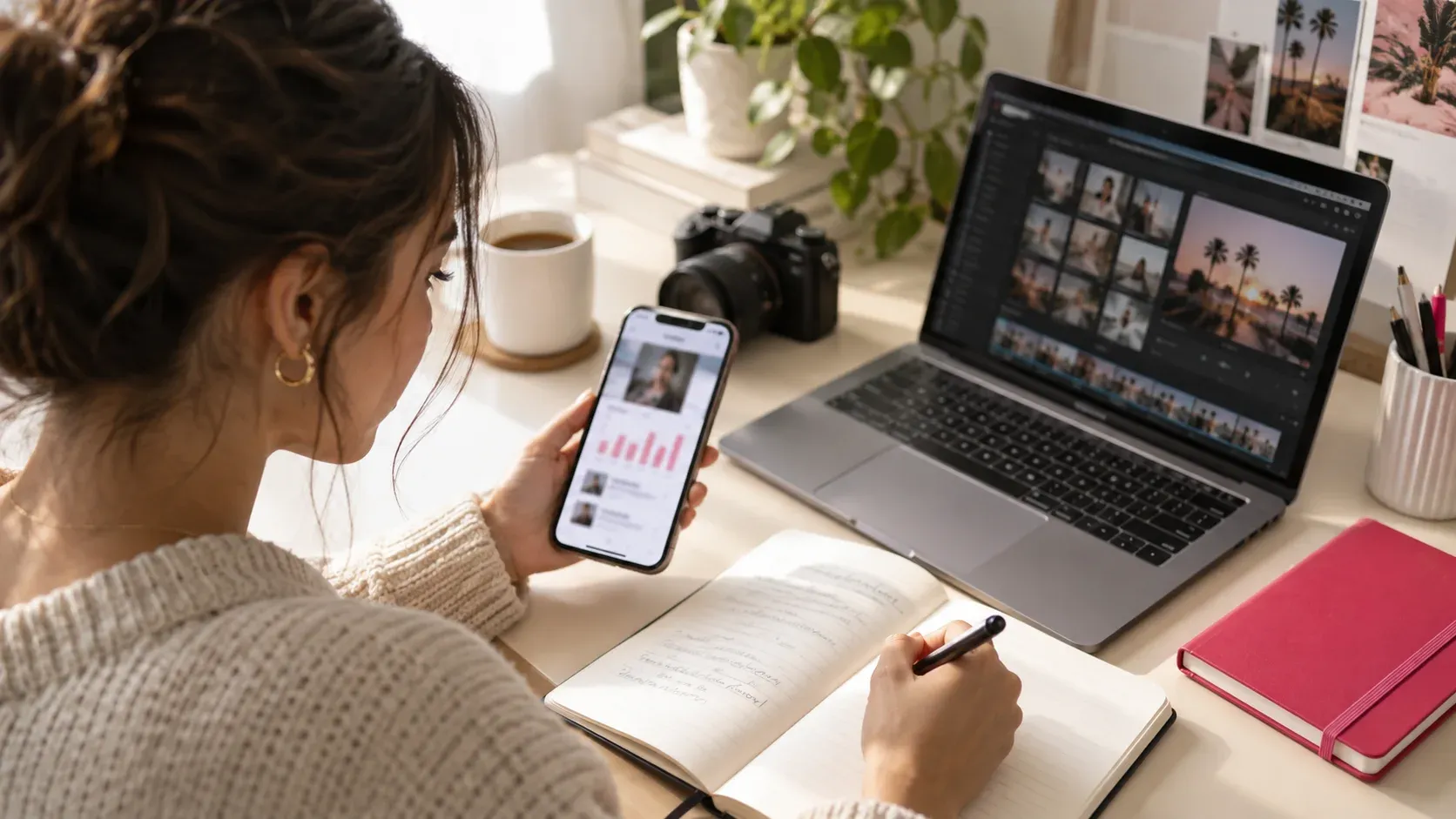 A creator reviewing video analytics on a phone and taking notes at a bright desk beside a laptop