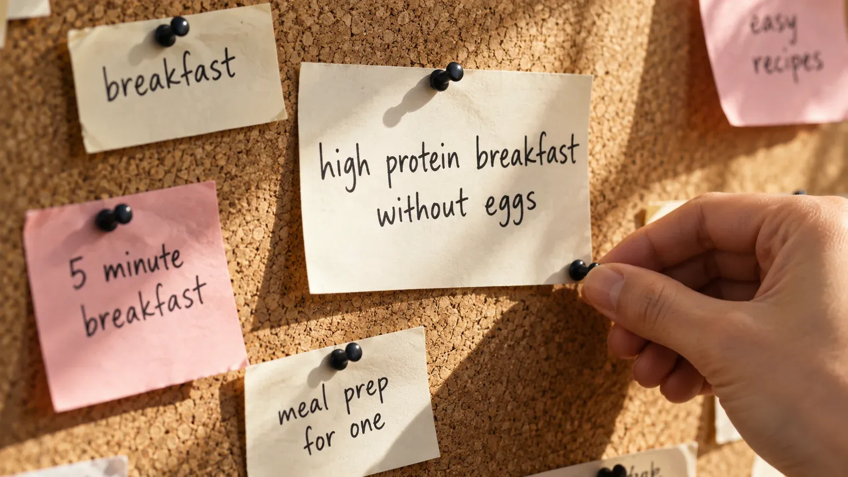 Hand pinning a specific breakfast search phrase among broader topic ideas on a sunlit corkboard