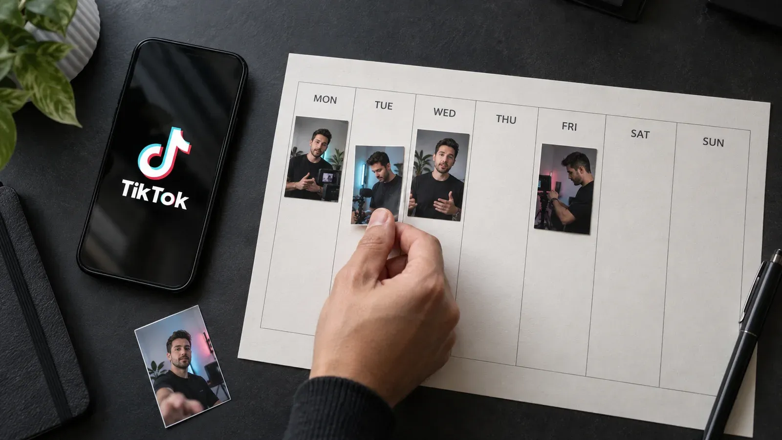 A creator adding a video card to a weekly posting planner beside a phone displaying TikTok