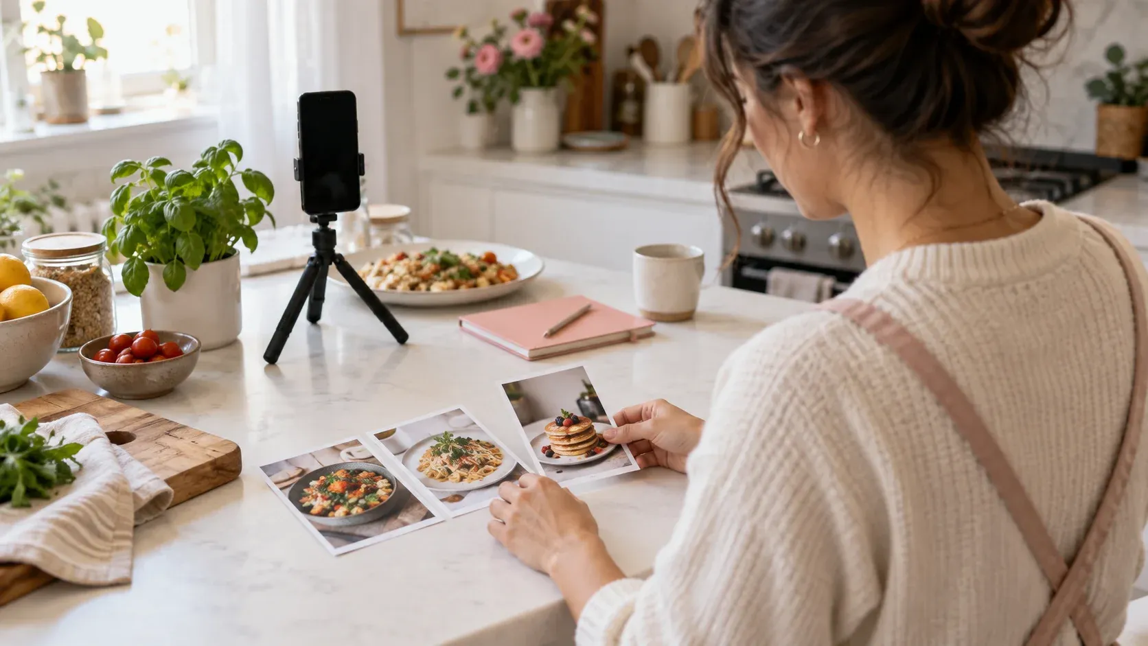 A cooking creator arranging recipe photos beside a phone on a tripod to plan a connected video series