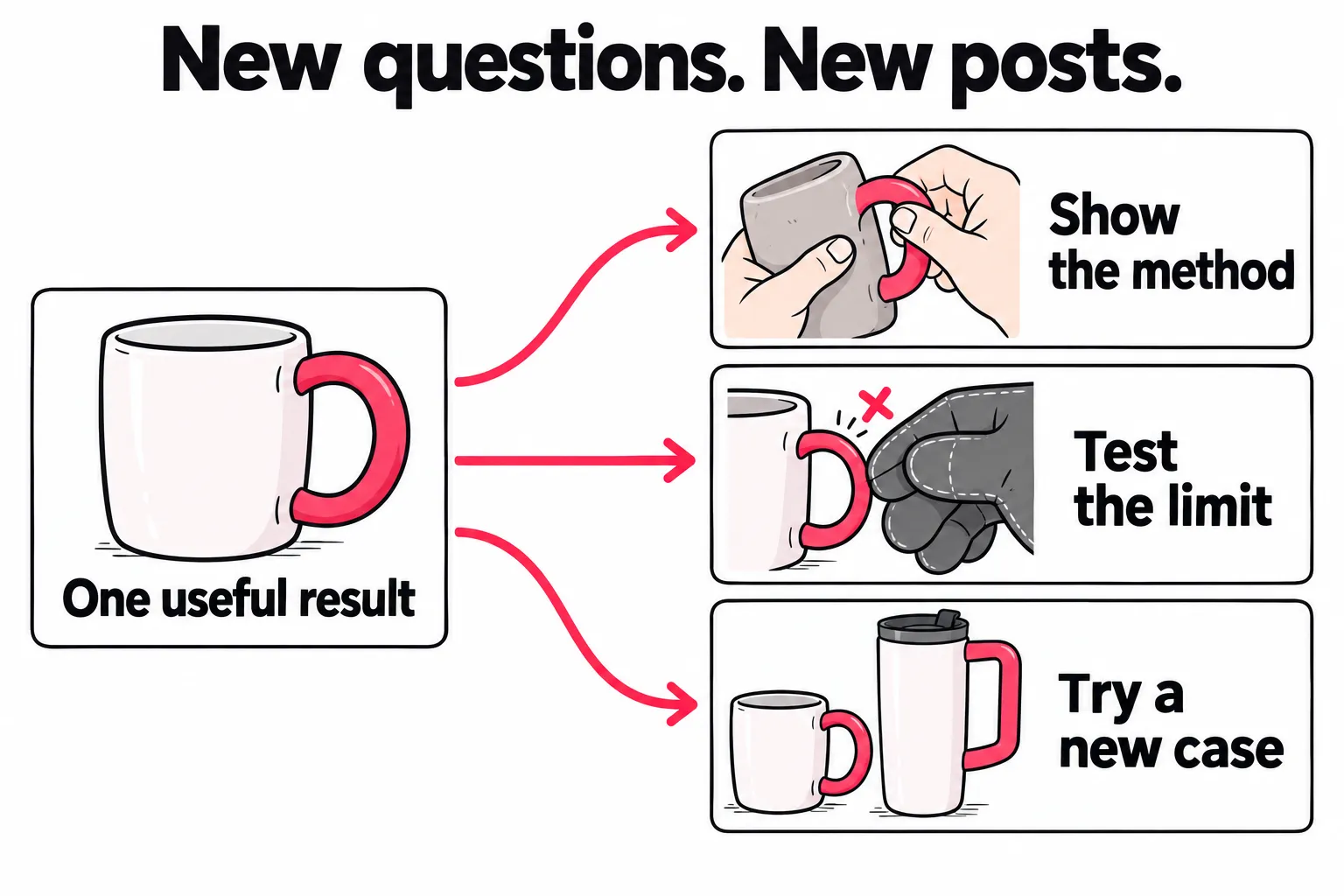 One useful mug design branches into three separate posts: show how the handle is made, test where the grip fails, and try the idea on a travel mug.