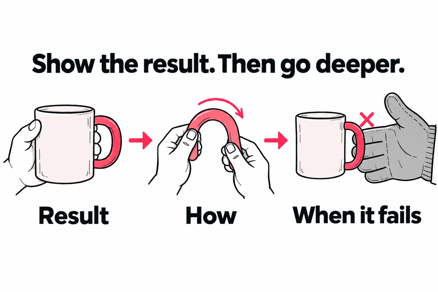 Show the result, then go deeper: a finished mug comes first, followed by how its handle is shaped, then a gloved hand that does not fit. The sequence moves from outcome to method to limit.