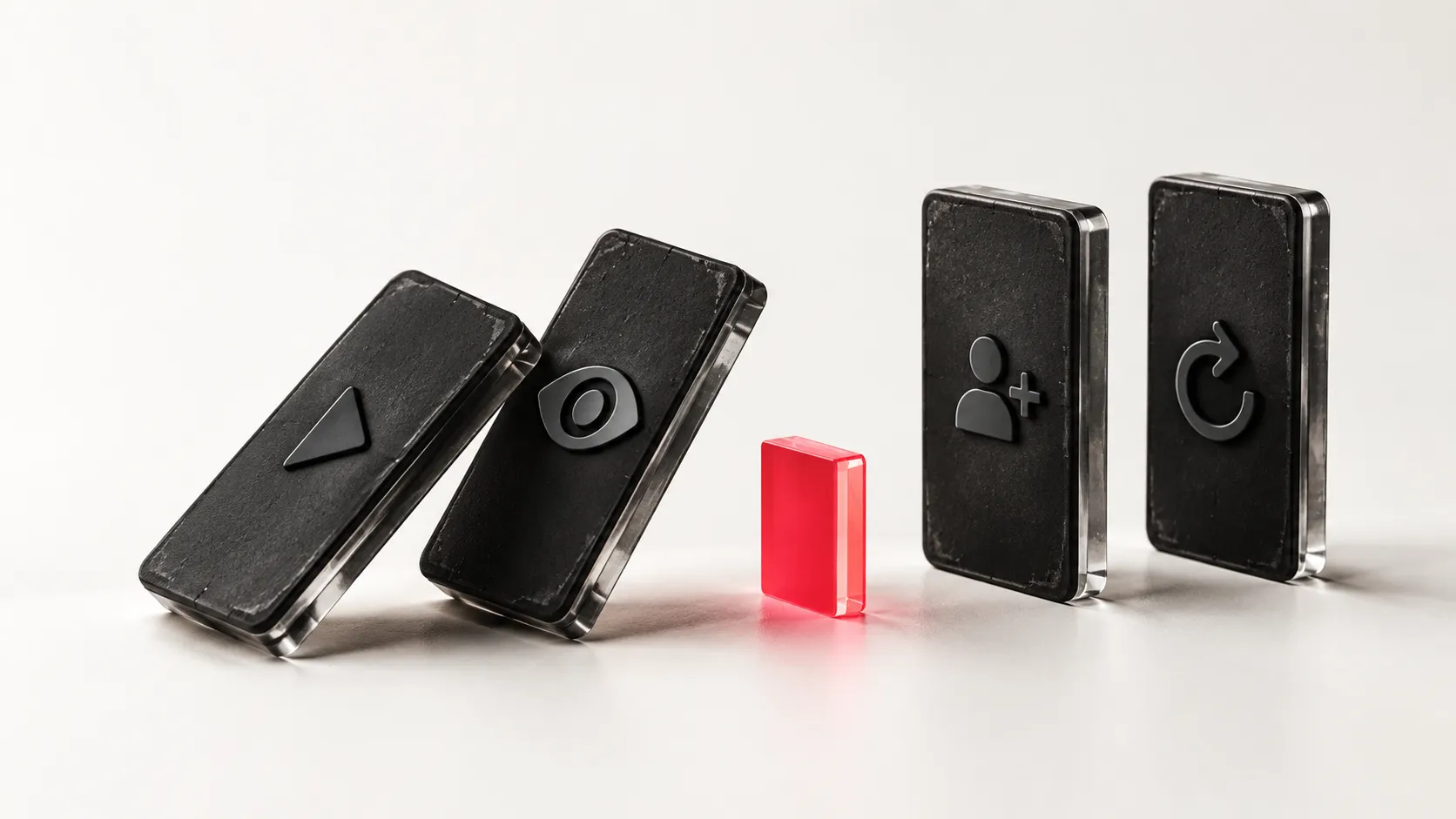 Four dark video frame tiles form a chain interrupted by a bright coral block
